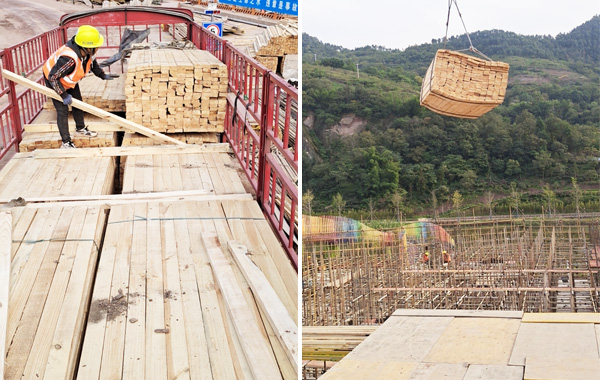建筑方木工地卸车场景图